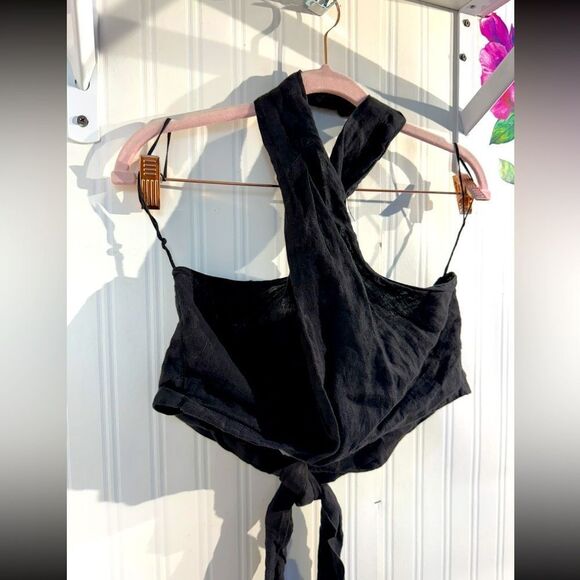 NWT Linen Halter Black Tie-Front Top Sz XS - Picture 5 of 10